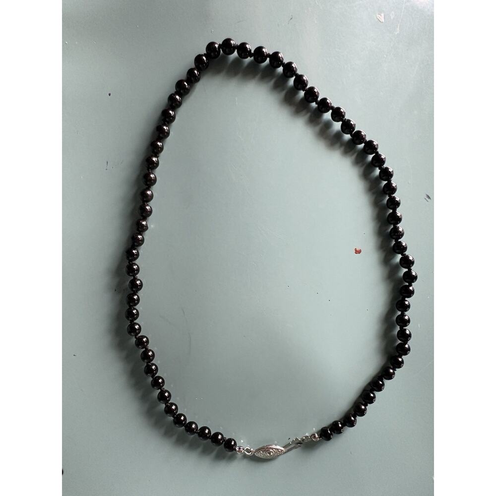 Vintage Viviana D’Ontañón Black Glass Bead Necklace Silver Tone Clasp Handmade